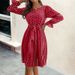 Elegant Polka Dot Crew Neck Long Sleeve Pleated Dress Women Self Tie Waist Office Daily Commuter Dresses_ecoleips.com