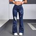 Women's Light And Dark Blue Denim Jeans, Versatile Flared Cut, Fashionable And Casual Heart Shape, Ripped Flared Jeans, Stretchy._ecoleips.com