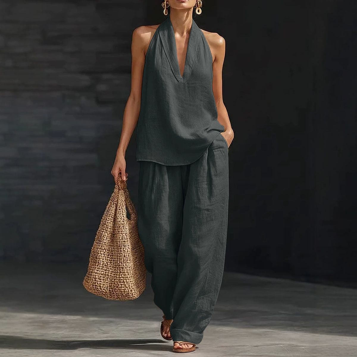 Plus Size Women's Halter Neck V-Neck Two-Piece Set Cotton Linen Blend Office Casual Outfit_ecoleips.com