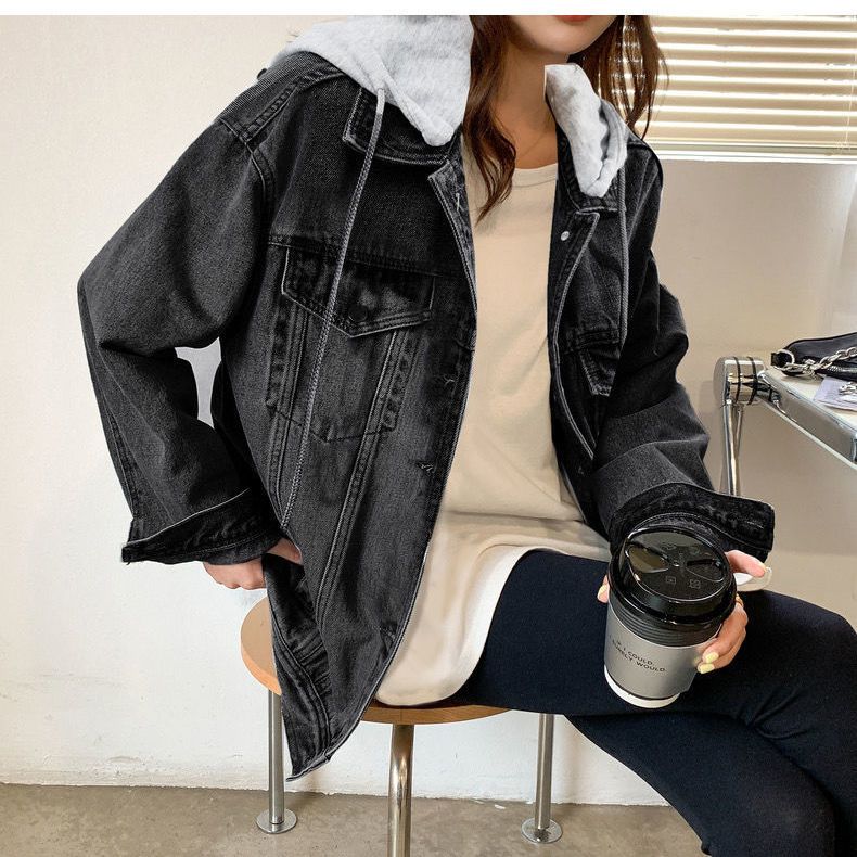 Vintage Denim Hooded Jacket For Women - Relaxed Fit Long Sleeve Casual Coat With Detachable Hood, Light Blue & Black, S-2XL_ecoleips.com