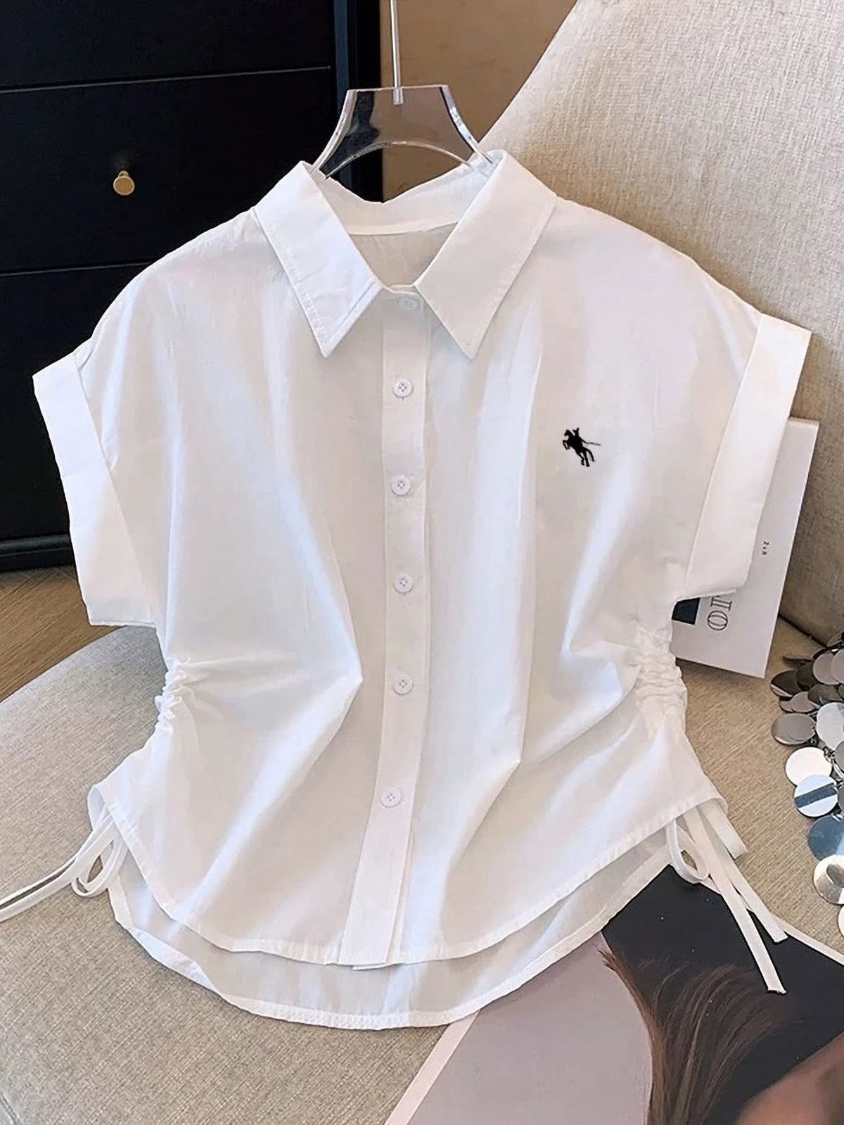 Vintage-Inspired Short Sleeve Polo Shirt - Japanese Minimalist Design With Embroidered Detail, Retro Casual Top For Men & Women_ecoleips.com