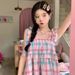Dopamine Girl Camisole Shirt Women's Summer New Design Sweet Tie-Up Plaid Short Top_ecoleips.com