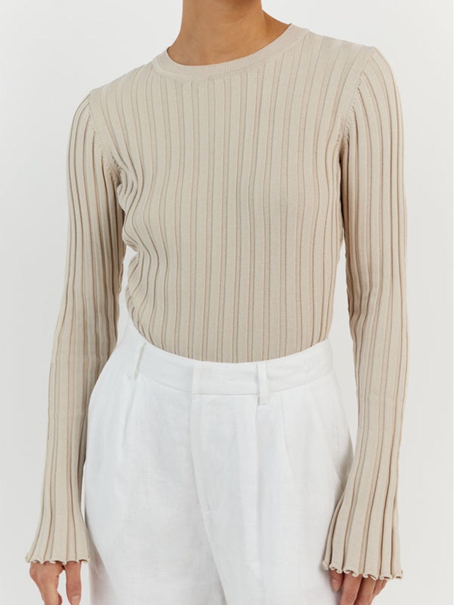 Women's Solid Color Knitted Sweater round Neck Long Sleeve Tight Fit Ribbed Bottoming Shirt European And American Style Autumn Winter Top_ecoleips.com