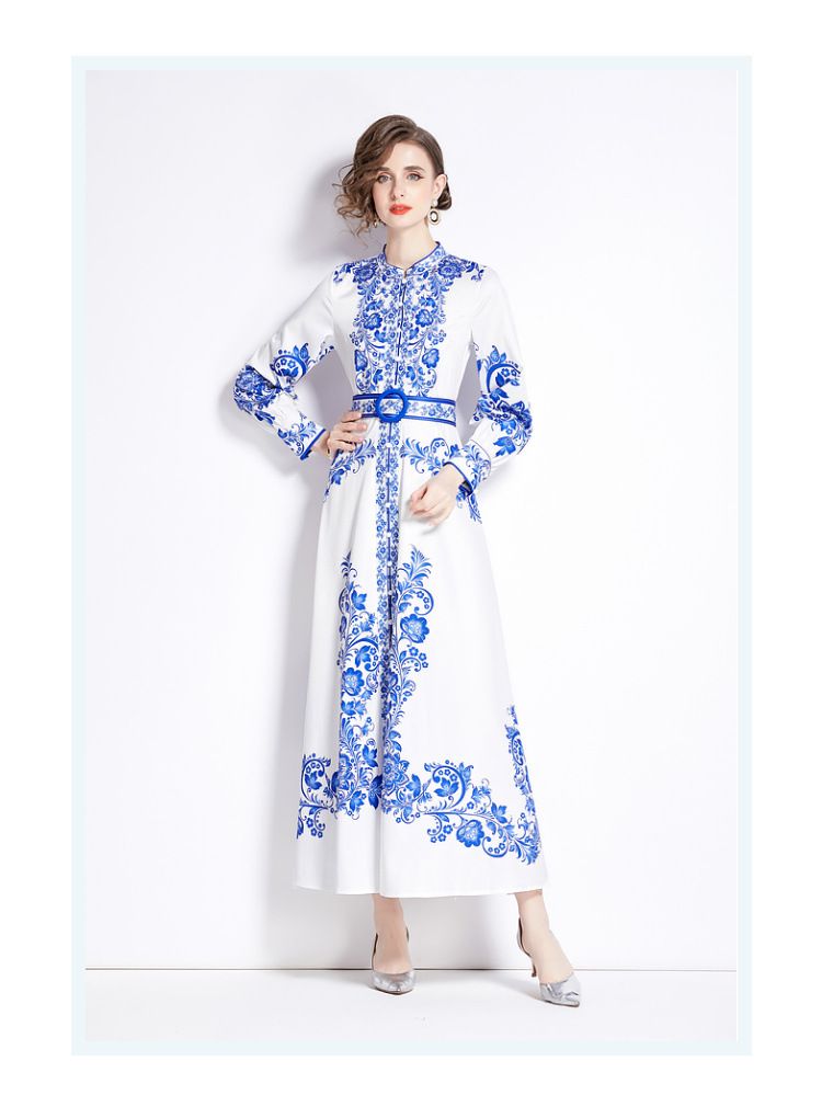 Elegant Floral Print Long Dress For Women Retro Artistic Style Single Breasted Waist Cinching New Spring French Court Look_ecoleips.com