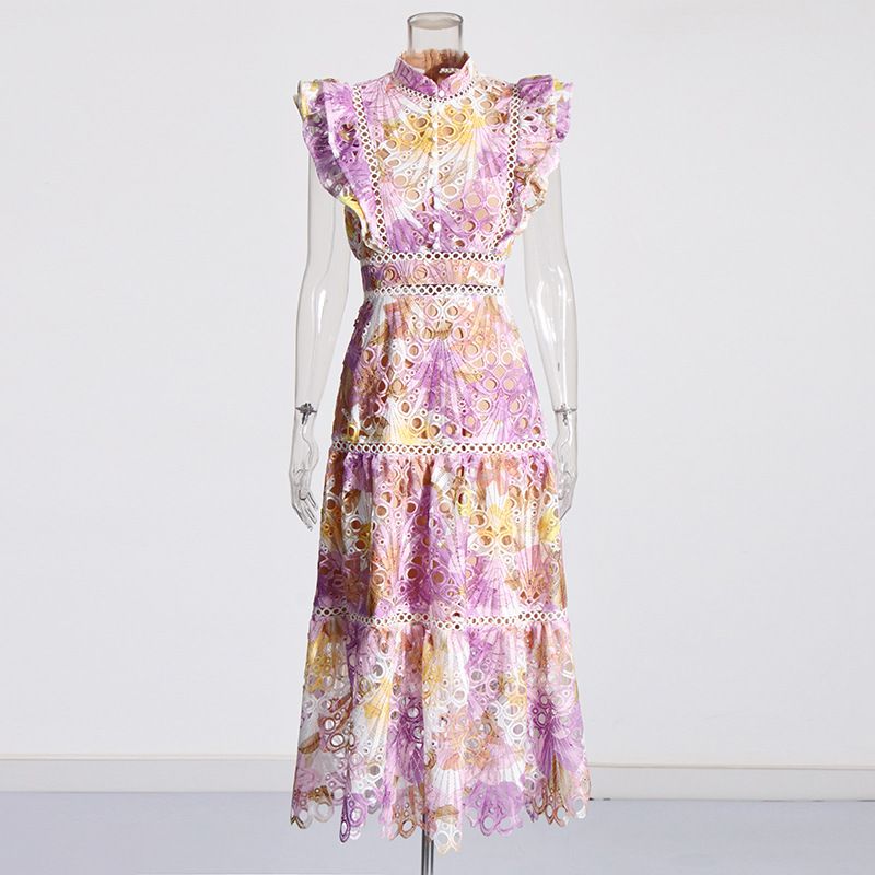 Women's Clothing Autumn Round Neck Flying Sleeve Waist Floral Long Dress For Women_ecoleips.com