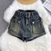 Women's Retro High Waist Denim Shorts - Distressed Wide Leg Workwear Style, Vintage American Fit_ecoleips.com
