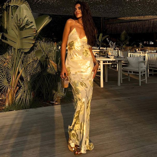 Cross-Border Women's Fashion 2025 Summer New Product: Stylish And Sexy Backless Gold-Embossed Strap Dress For_ecoleips.com
