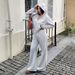 Women's Long Sleeve Hoodie & Jogger Pants Set - Fall Winter Athleisure Outfit (White Gray, S-XL) | Breathable Polyester Spandex Blend_ecoleips.com