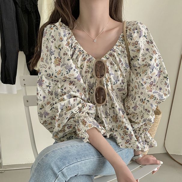 Korean-style Floral Off-shoulder Top With Drawstring Design, Slimming And Sweet Little Blouse For Women_ecoleips.com