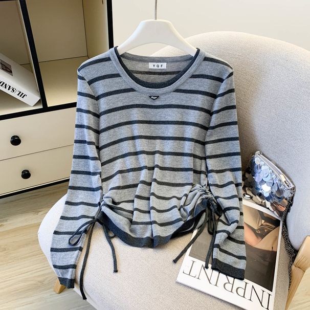 Women's Slim Fit Layered Mock Two-Piece Shirt Knit Top with Detachable Drawstring Casual Office Wear Stripe Design_ecoleips.com