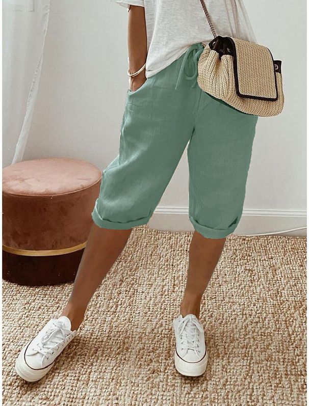 2025s 2025 Cotton Linen Pocket Elastic Casual Women's Shorts Five-Point Pants_ecoleips.com