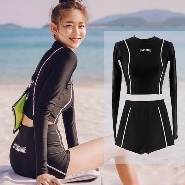 K New High Waist Split Black Long Sleeved Small Flat Corner Conservative Slimming Two-piece Set For Women's Sun Protection Swimsuit_ecoleips.com