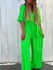 Women's Clothing Casual Solid Color V-neck Lace-up Mid-waist Pocket Jumpsuit_ecoleips.com
