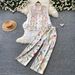 Korean Style Floral Print Two-Piece Set Women's Autumn Polo Shirt & Wide Leg Pants Outfit_ecoleips.com