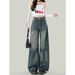 Unique Retro Blue Ripped Wide-leg Jeans For Women, Summer American-style Distressed Loose Straight-leg Pants, Versatile_ecoleips.com