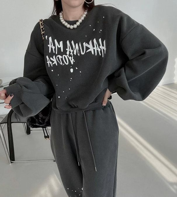 Korean Chic Winter Set – Oversized Letter Print Sweatshirt & High-Waist Drawstring Pants (XL, Charcoal Grey)_ecoleips.com