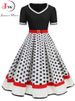 Black V-Neck Short Sleeve Vintage Pleated Dress With Belt Women 50s Polka Dot Party Sundress Robe Plus Size_ecoleips.com