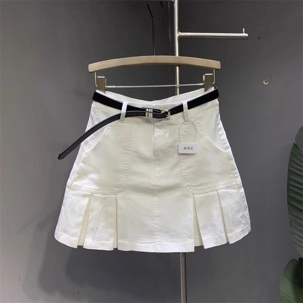 Women's Korean Style High-Waisted Pleated Mini Skirt Washed Cotton White Denim Bodycon Anti-Exposure Spring/Summer New Arrival_ecoleips.com