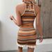K New Vacation Style Color Striped Knitted Sleeveless Hanging Neck Vest Short Skirt Set, Two-piece Set_ecoleips.com