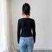 Women's Knitted Long Sleeve Top Black Patchwork Lace Trim Fitted Textured Ribbed European American Style Spring_ecoleips.com