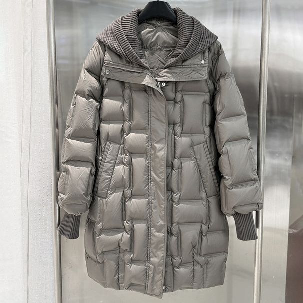 Women’s Knee-Length Down Jacket With Detachable Knit Hat – Winter Warmth & Style (Black/Grey/White/Brown, One Size)_ecoleips.com