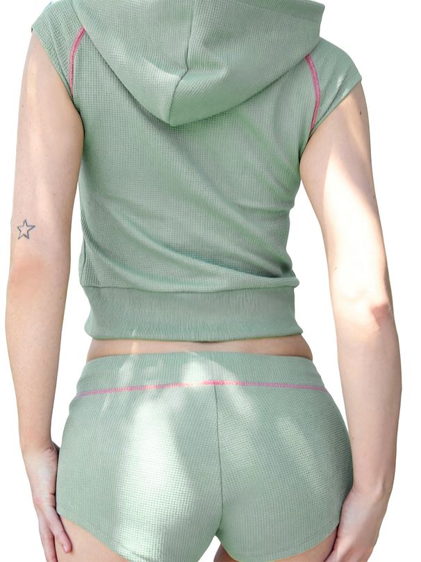 Women's Waffle Texture Two Piece Set HR26021 European American Style Hooded Zip up Top with Drawstring Shorts_ecoleips.com