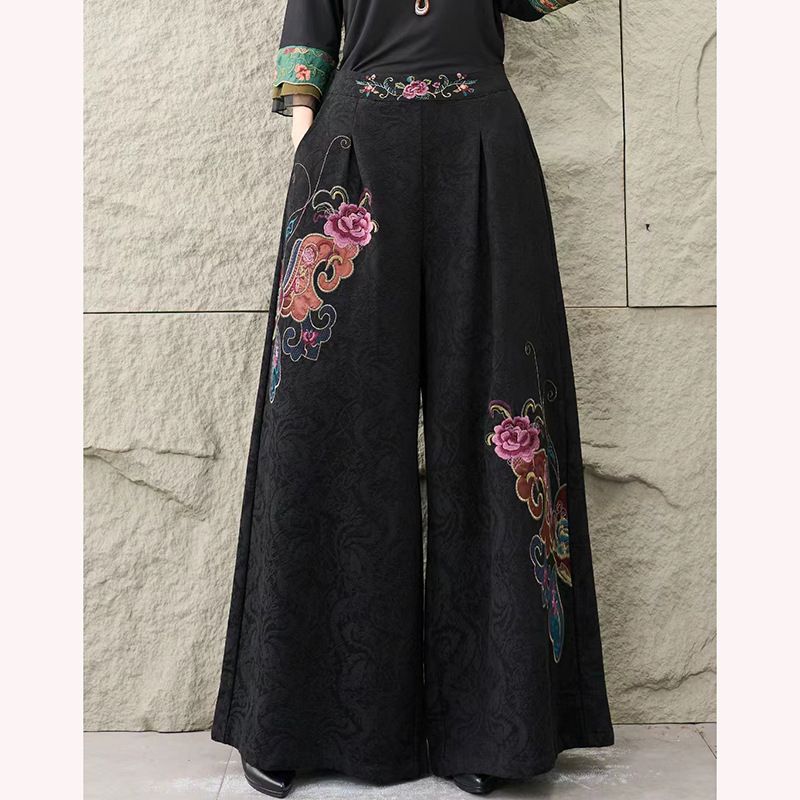 2025 Autumn Collection Women's Cotton-Linen Jacquard Wide-Leg Pants, Ethnic Style, Vintage Embroidery, Elastic Waist,_ecoleips.com
