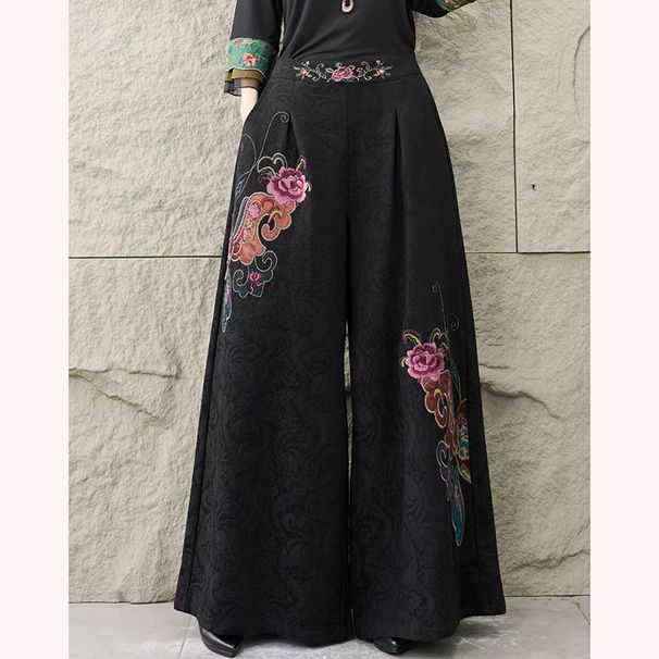 2025 Autumn Collection Women's Cotton-Linen Jacquard Wide-Leg Pants, Ethnic Style, Vintage Embroidery, Elastic Waist,_ecoleips.com