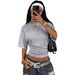 Women's Short Sleeve Top Smocked Waist Flutter Sleeve Cropped Knit Shirt Solid Color Round Neck Blouse_ecoleips.com