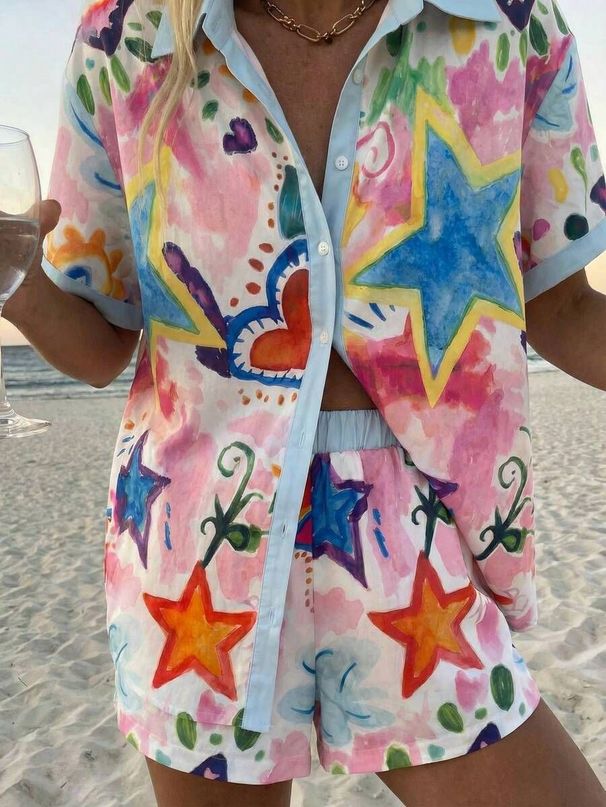 Women's Floral Print Short Sleeve Shirt And Shorts Set, Vacation Style Linen-Blend Outfit For Summer_ecoleips.com