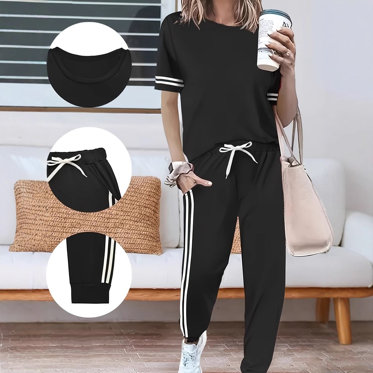 Women's Spring Summer Two Piece Set Round Neck Short Sleeve High Waist Pants With Side Pockets Casual Comfortable Outfit_ecoleips.com