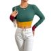 Voya Women's 2026 Autumn/winter New Slim Fit Round Neck Short Style Spliced Color Blocking Long Sleeved T-shirt Fashionable Top_ecoleips.com