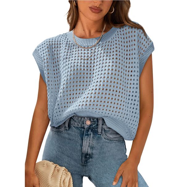2026 Summer New Cross-Border European And American Fashion Women's Round Neck Hollow Out Sun Protection Knitted_ecoleips.com