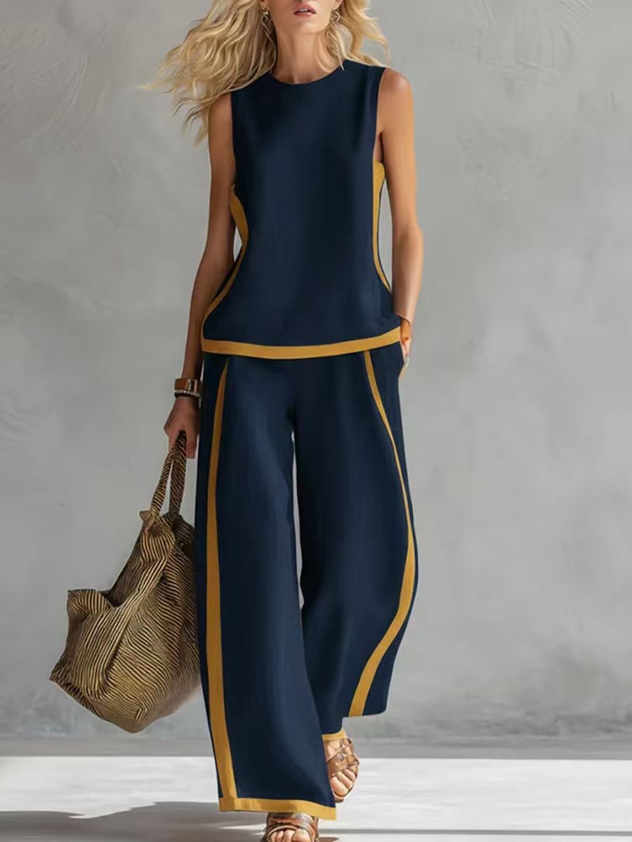 Summer Women's Two Piece Set European American Style Digital Print Sleeveless Top Wide Leg Pants Casual Suit_ecoleips.com