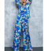 European And American Women's Suit New Fashion Printed Bubble Long-sleeved Shirt Lace-up Wide-leg Pants Two-piece Suit_ecoleips.com