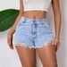 Women's Pearl-Embellished Denim Shorts – Classic Mid-Rise Straight Cut For Casual & Office Wear (Medium Blue/Light Blue, S-XL)_ecoleips.com