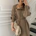 Women's Belted High-Neck Knit Dress – A-Line Long Sleeve Sweater Dress – Japanese Minimalist Style (One Size Fits S-L)_ecoleips.com