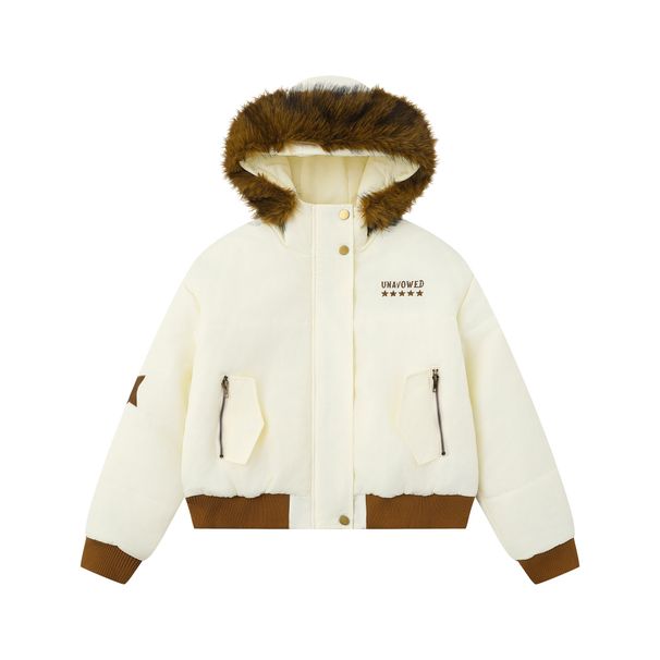 girl American Retro Thickened Hooded Cotton Jacket 2025 Winter Women's Loose Short Fur Collar Parka_ecoleips.com