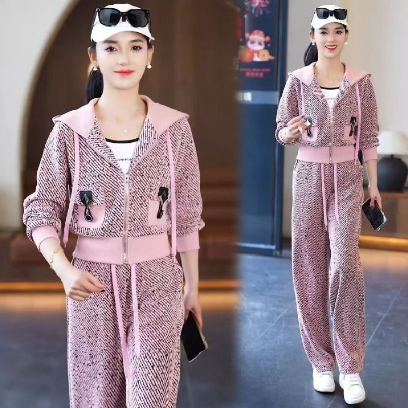 Trendy Hooded Cardigan & Wide-Leg Pants Set – Slimming Acrylic Lounge Wear (M-4XL, Pink/White)_ecoleips.com