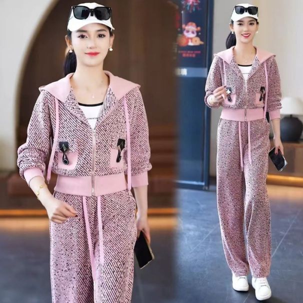 Trendy Hooded Cardigan & Wide-Leg Pants Set – Slimming Acrylic Lounge Wear (M-4XL, Pink/White)_ecoleips.com