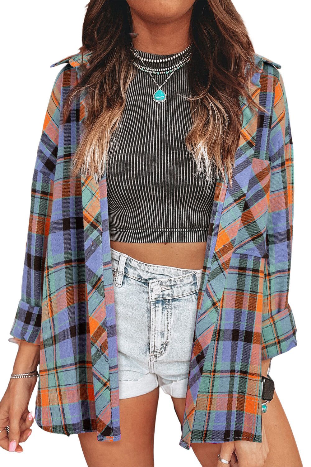 Women's Clothing Plaid Print Long Sleeved Top Loose Casual Button Up Shirt Autumn New Arrival American Style_ecoleips.com