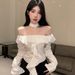 French-style Off-shoulder Shirt With Ruffle Trim, 2025 New Spring Model, Bell Sleeves, Waist-cinching Slimming Design_ecoleips.com
