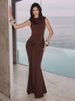JULISSA MO Elegant Round Neck Ruched Bandage Women Maxi Dress Coffee Sleeveless High Waist Dress Autumn Slim Party Evening Dress_ecoleips.com