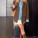 Oversized V-Neck Button-Down Shirt Jacket, Long Sleeve Workwear Blouse With Pockets, Wine Red/Brown Relaxed Office Top (S/M/L)_ecoleips.com
