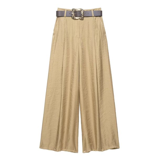 Women's Silk Satin Wide Leg Pants Casual Belted Trousers Versatile Summer Fashion Regular Fit Polyester Capris_ecoleips.com