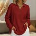 Women's Clothing Fashionable V Neck Button Up Waffle Knit Top Women's Loose Pullover Long Sleeve Solid Color European American Style_ecoleips.com