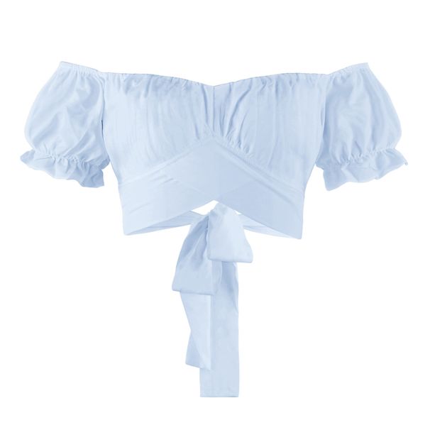 Women's European American Style Lantern Short Sleeve Umbilical Cord Sexy Pleated Shirt Small Wrap Top_ecoleips.com