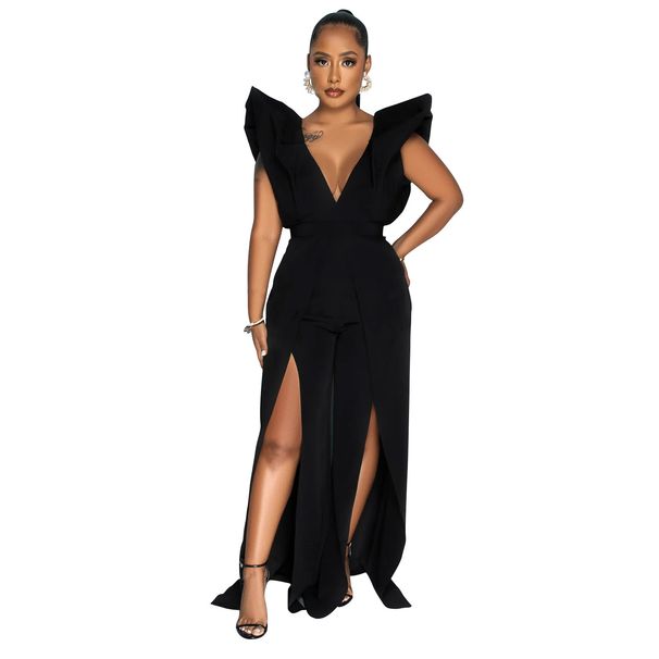 Women's solid color sexy V-neck pleated trousers jumpsuit_ecoleips.com