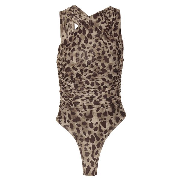 Women's Leopard Print Tulle Bodysuit Summer 2025 Hollow Out Irregular Strap Snap Button Beach Holiday Streetwear Style_ecoleips.com