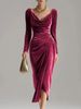 Velvet Wrap Dress With Thigh Slit – Women’s Slim-Fit Long Sleeve Bodycon Dress With Ruffle Details (Black/Red/Burgundy, S-XXL)_ecoleips.com